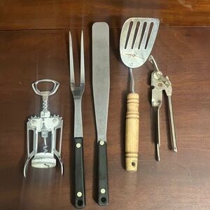 Lot of 5 Vintage Ekco Utensils Meat Fork, Spatulas, Can & Wine Bottle Openers